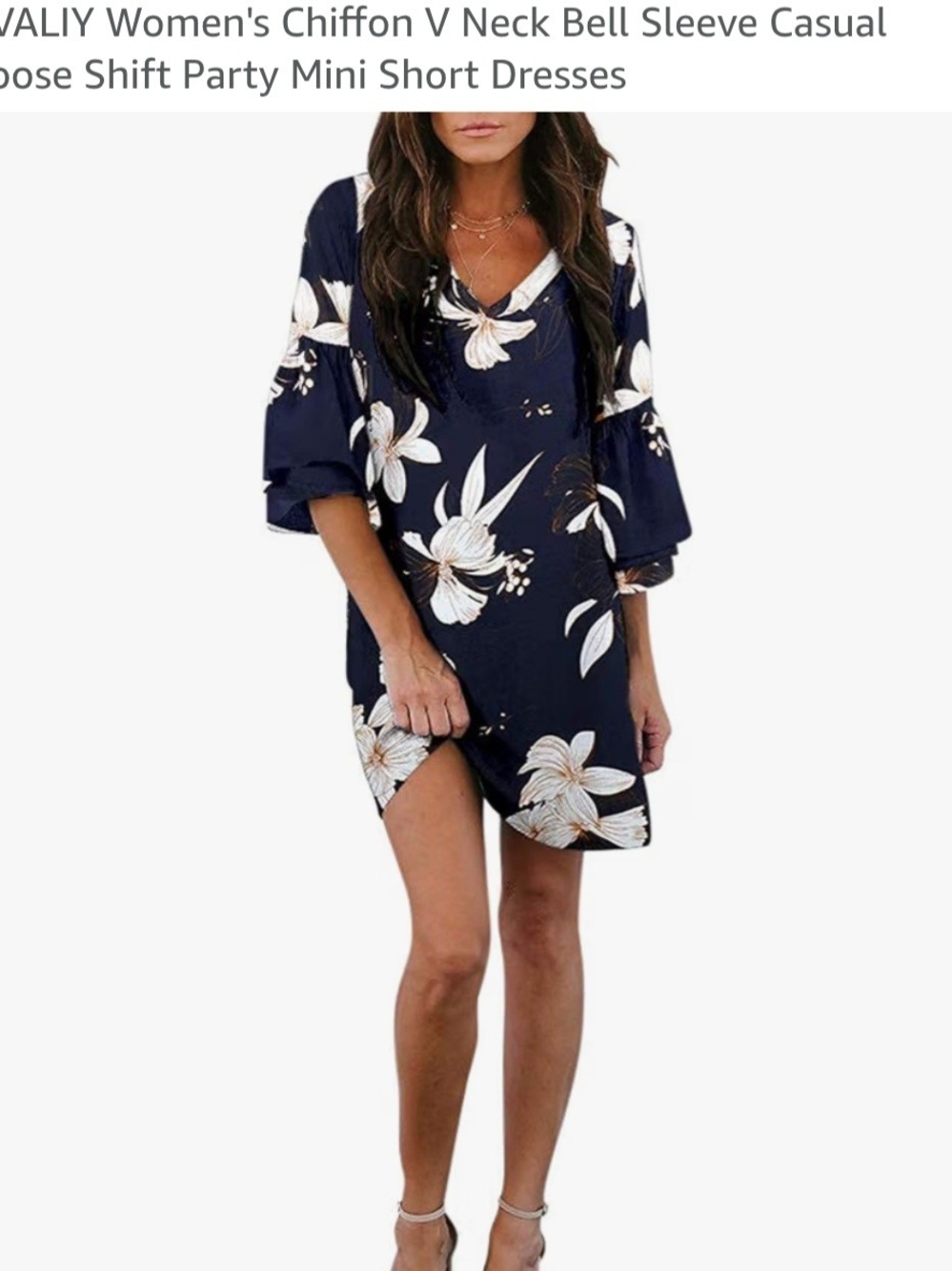 SVALIY Women's Chiffon V Neck Bell Sleeve Casual Loose Shift Party DRESS LARGE